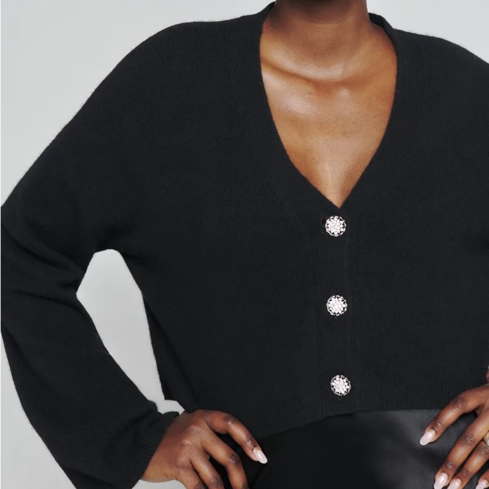 Reformation Val Regenerative Wool Embellished Button Cardigan Sz M Black